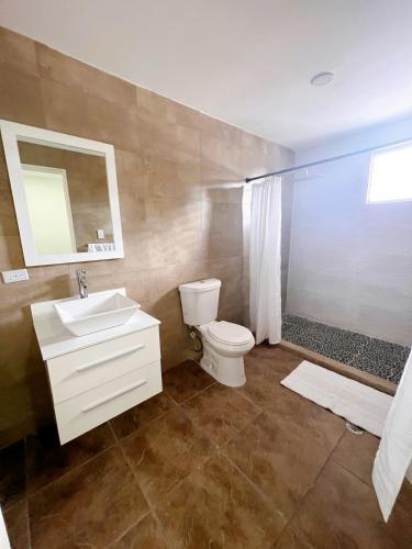 La salle de bains est pourvue de toilettes, d'un lavabo et d'une douche. dans l'établissement 3050 Place, à San Juan