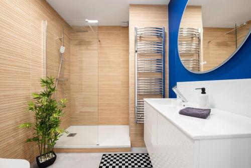 une salle de bain avec une douche, un lavabo et un miroir dans l'établissement Bel appartement en centre ville, à Albi