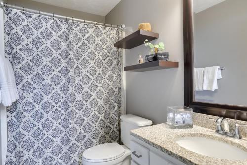 a bathroom with a toilet and a sink and a mirror at Charming Omaha Vacation Rental 1 Mi to Downtown! in Omaha