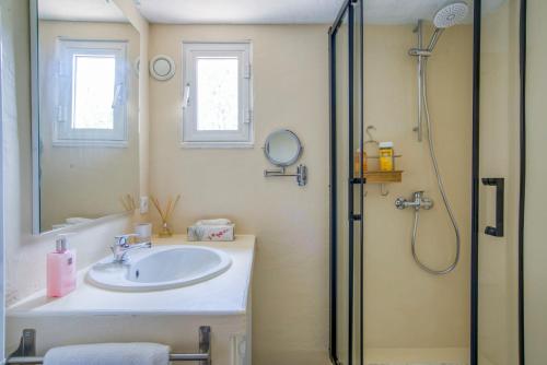 uma casa de banho com um lavatório e um chuveiro em CHARMANT 2 PIECES DANS VILLA INDIVIDUELLE TERRASSES JARDIN em Carros