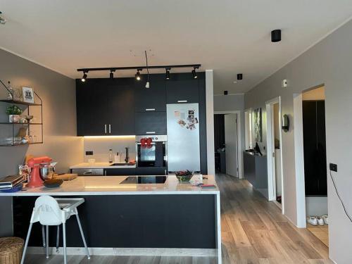eine Küche mit schwarzen Schränken und einer Arbeitsplatte in der Unterkunft Bright beautiful flat on hilltop w hot tub in Hafnarfjördur