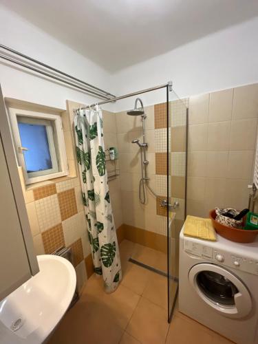 a bathroom with a shower and a washing machine at Orsi House in Szombathely