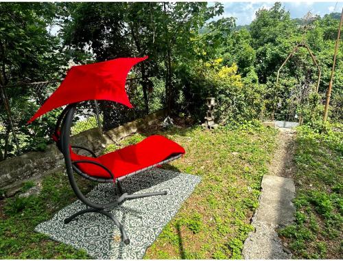 una silla roja con un paraguas sentado en el césped en 0-A Diamond in Yonkers, NY, en Yonkers