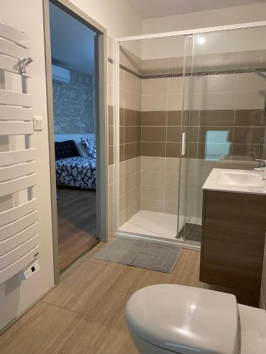 une salle de bain avec toilettes, douche et lavabo dans l'établissement Gîte la Grande Font, à Saint-Capraise-dʼEymet