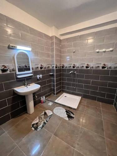 La salle de bains est pourvue d'un lavabo et d'une douche. dans l'établissement RESIDENCE IGHIL ELBORDJ, à Béjaïa