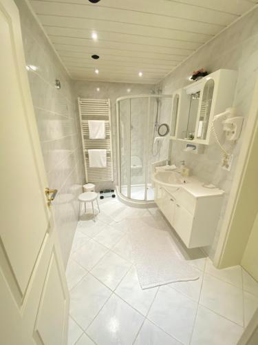 a white bathroom with a sink and a shower at Apartment in See Nähe in Salzgitter