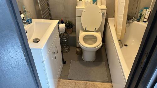 a small bathroom with a toilet and a sink at 3 Bedroom Flat in King’s Cross, St Pancras’s. 8 People in London