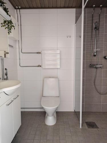 Un baño blanco con inodoro y ducha. en Sunstar Apartments, en Rovaniemi