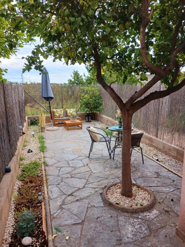 a stone patio with a tree and a table at EL LLIMONER in Sant Jordi