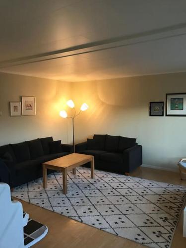 ein Wohnzimmer mit 2 Sofas und einem Couchtisch in der Unterkunft Leilighet i Vadsø in Vadsø