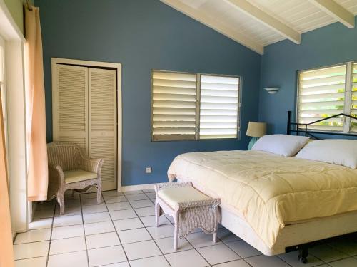 a bedroom with a large bed and blue walls at Famili Villa in Old Towne