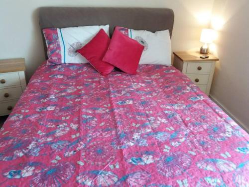 uma cama com um cobertor rosa e almofadas em Ann & Andy em Kilkee