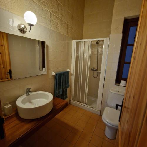 a bathroom with a sink and a shower and a toilet at Sunflower Farmhouse, Xewkija, Gozo in Xewkija