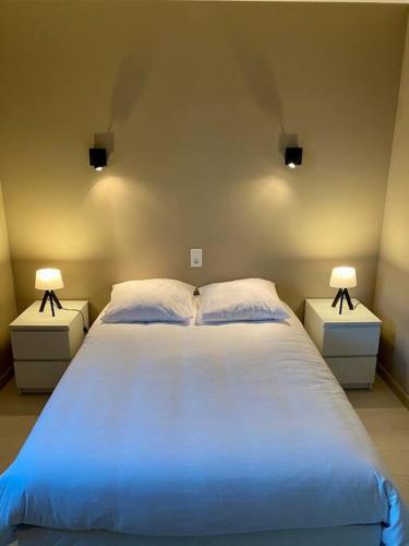 une chambre avec un grand lit blanc avec deux tables de nuit dans l'établissement Appartement 125m2 au centre de Cusset, à Cusset