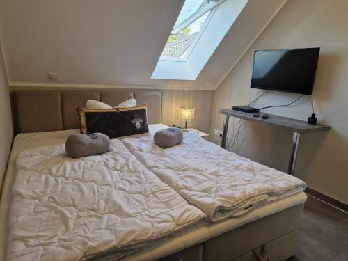 a bedroom with a large bed and a television at Luxusferienhaus Seevilla Monaco am Fleesensee in Göhren-Lebbin