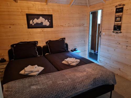 een slaapkamer met 2 bedden in een blokhut bij de Tweelingen in Schoonloo