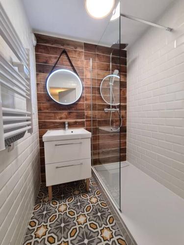 une salle de bain avec une douche, un lavabo et un miroir dans l'établissement Les Capucins - Centre ville - Parking inclus, à Belfort