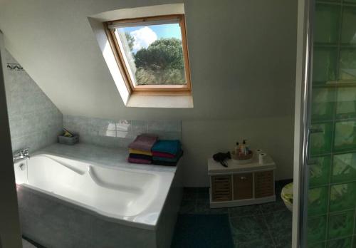 une salle de bain avec une baignoire et une fenêtre dans l'établissement Maison de village et paradis pour les enfants, à Châtillon-sur-Cher