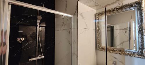 a bathroom with a mirror and a shower at XuBa ApartmentRooms Messe Wien Prater in Vienna