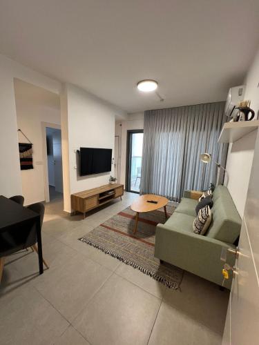 a living room with a green couch and a television at Family Apartment By IsrApart in Ramat Gan