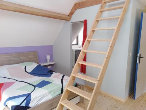 Zimmer mit einer Leiter neben einem Bett in der Unterkunft Gîte mon p'ti bout in Les Roches-lʼÉvêque