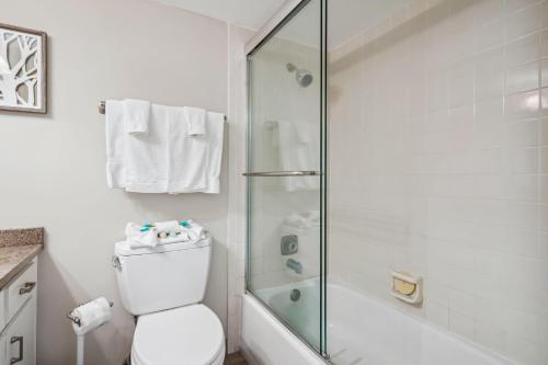 a white bathroom with a shower and a toilet at Trillium 2A - Premier in St Pete Beach