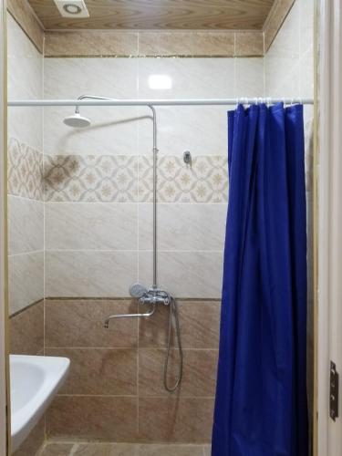 y baño con ducha con cortina azul. en Sitrus Astara city, 