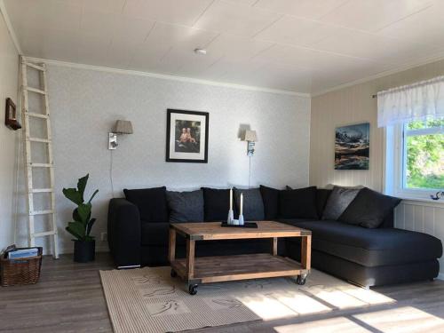 a living room with a blue couch and a coffee table at Mørkveden feriehus, Lofoten in Ramberg