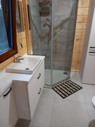 a bathroom with a shower and a sink at Domek wypoczynkowy in Wydminy