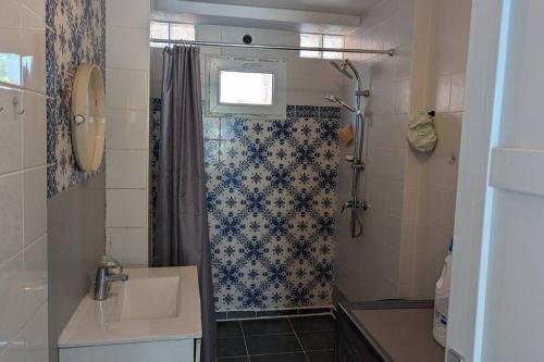 ein Bad mit einer Dusche und einem Waschbecken in der Unterkunft calme rez-de-chaussée 2 Chambres 70 M2 in Roanne