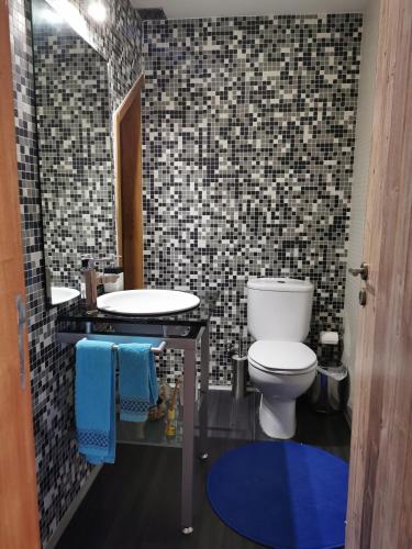 a bathroom with a toilet and a sink and a mirror at Casa Encosta da Caniçada in Vieira do Minho