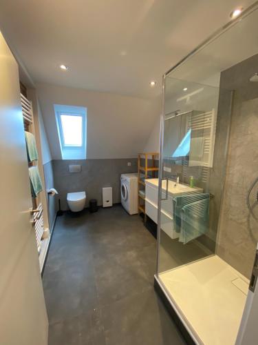a bathroom with a shower and a toilet and a sink at Design Apartment Sasaki in Celle