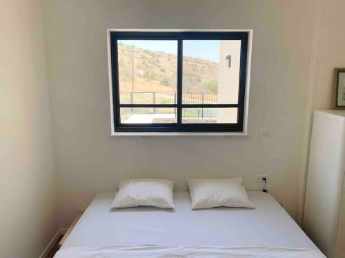 1 cama con 2 almohadas en una habitación con ventana en Hula Valley Scenery New App, en Gonen