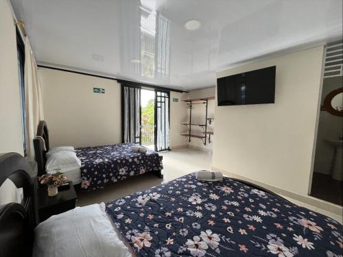 um quarto de hotel com duas camas e uma televisão de ecrã plano em Alojamiento Rural Casa de Campo Erika Sofia em Rivera