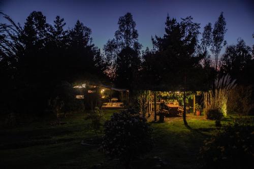 a yard at night with a house and trees at Cabañas Bosques de Puertecillo in Puertecillo