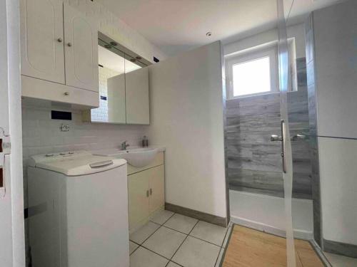 une salle de bain blanche avec une douche et un lavabo dans l'établissement Duplex 2 chambres 3 lits, à Villard-Bonnot