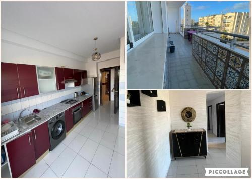 eine Collage mit Fotos von einer Küche und einem Wohnzimmer in der Unterkunft Appartement de luxe sécurisée, calm, privée avec piscine in El Jadida