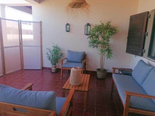 a living room with blue couches and potted plants at Apartamento Mar Azul in Lagos