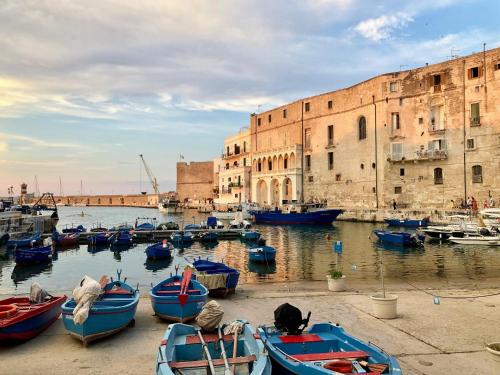a group of boats docked in a harbor next to a building at LE RONDINI HOUSE in Monopoli