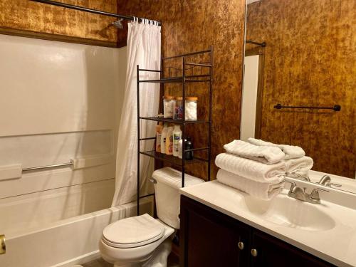 ein Bad mit einem WC, einem Waschbecken und einer Dusche in der Unterkunft Spacious Fully-Equipped Home in Algonquin