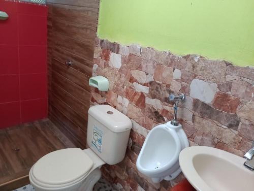 ein Bad mit einem WC und einem Waschbecken in der Unterkunft KORYARES HAUS-TAMBOPATA in Puerto Maldonado