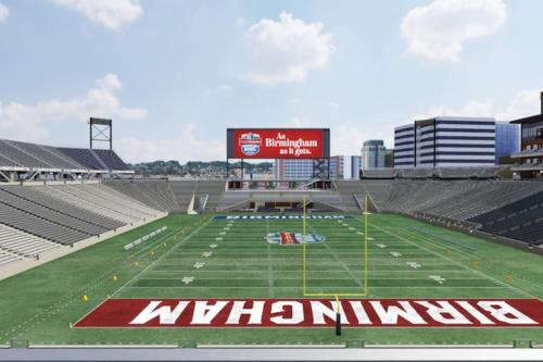 a view of the football field at a stadium at A Place to Escape 5 minutes from Downtown Newly Renovated in Birmingham
