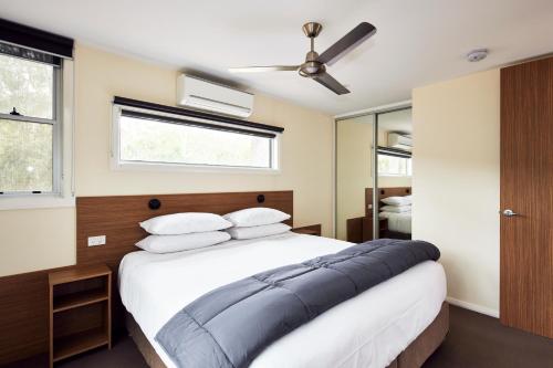 a bedroom with a large bed and a ceiling fan at NRMA South West Rocks Holiday Park in South West Rocks