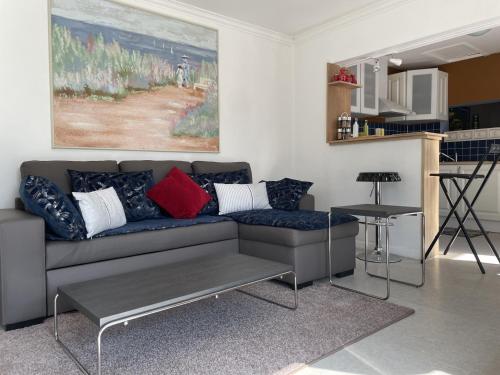 ein Wohnzimmer mit einem Sofa und einem Tisch in der Unterkunft Maison Plouhinec, 2 pièces, 4 personnes - FR-1-397-76 in Plouhinec