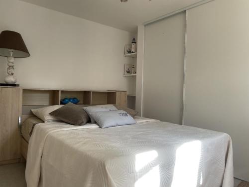 ein weißes Bett mit zwei Kissen auf einem Zimmer in der Unterkunft Maison Plouhinec, 2 pièces, 4 personnes - FR-1-397-76 in Plouhinec