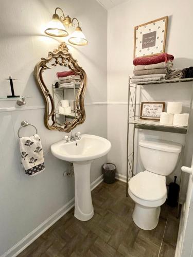 a bathroom with a sink and a toilet and a mirror at The Lafayette 'Tiny Home' Apartment in Lafayette