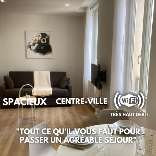 un salon avec un canapé et une télévision dans l'établissement Premium Appart Albi, à Albi
