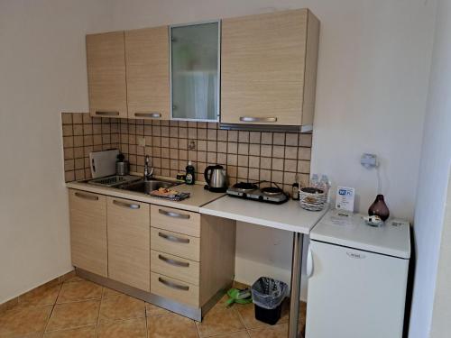 a small kitchen with a sink and a refrigerator at Seapine Studios in Lassi