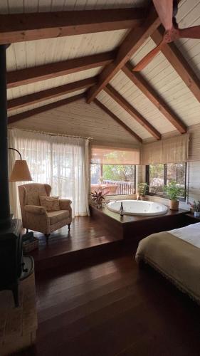 a bedroom with a bed and a tub and a chair at green island in Ma'ale Gamla