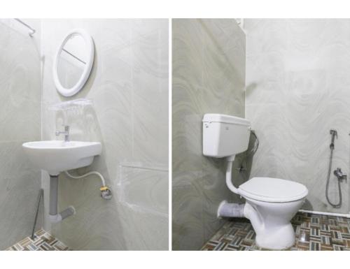 Vedanta Hotel, Bareilly في بريلي: صورتين لحمام مع مرحاض ومغسلة
